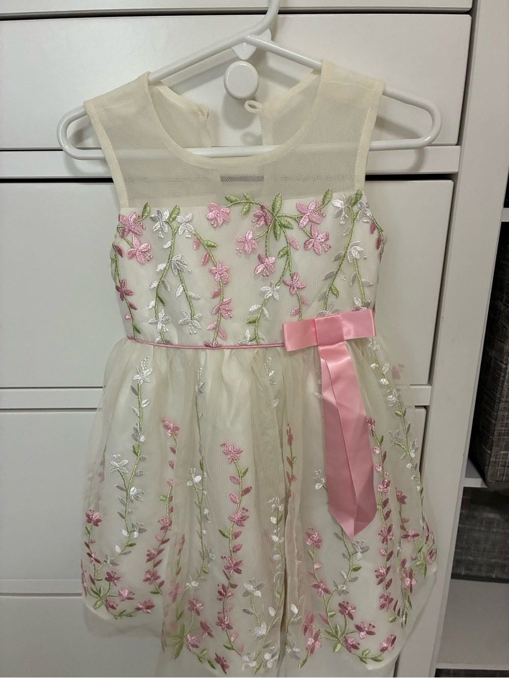 Jona Michelle Ivory Tulle Dress with Pink Floral Embroidery and Satin Bow
